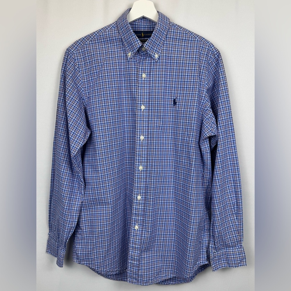 Ralph Lauren Men's Classic Fit Shirt Button Down Blue Plaid Logo Cotton Medium